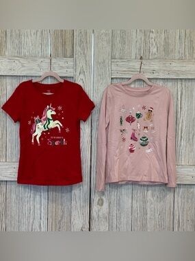 2 Holiday Time Girls Tees. Red Unicorn & Pink Ornament - Sz 7/8